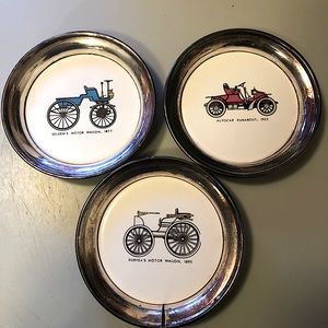 VINTAGE PORCELAIN & METAL COASTERS OLD CARS VINTAGE AUTOS of the USA Set of 3